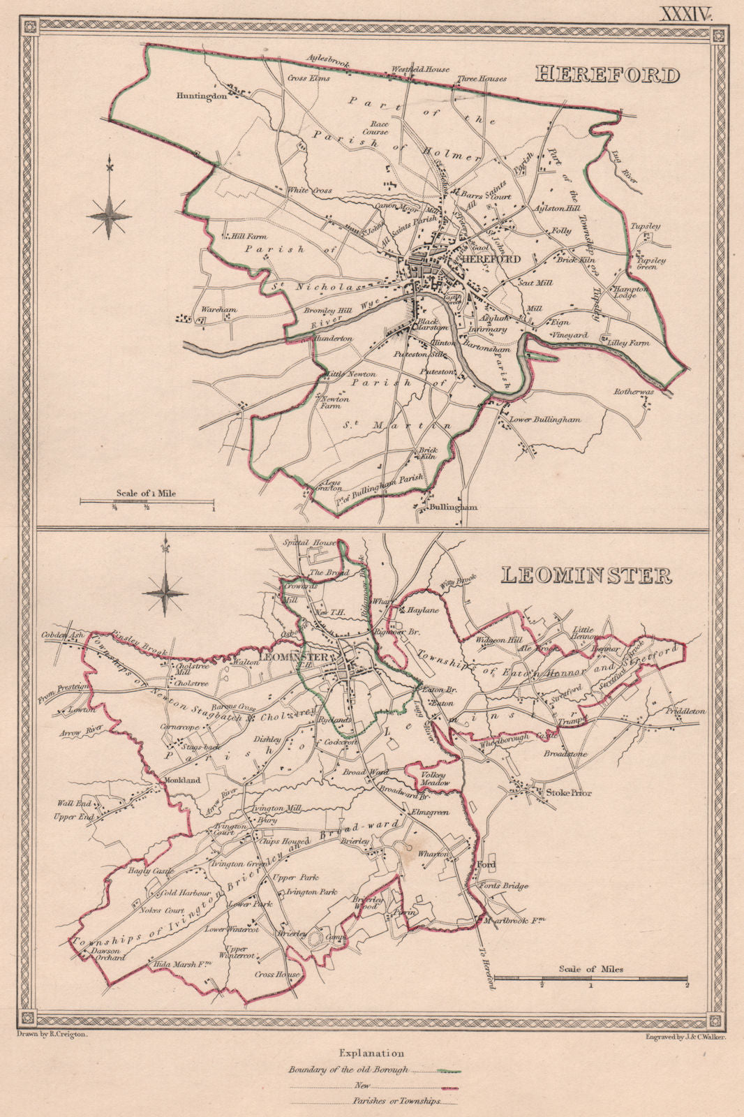HEREFORDSHIRE TOWNS.Hereford Leominster borough plans.CREIGHTON/WALKER 1835 map